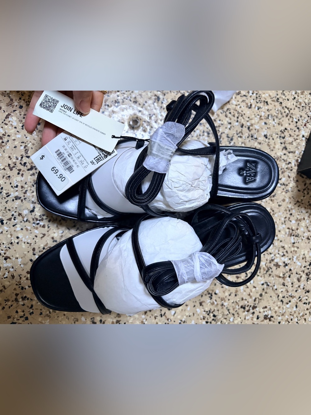 Zara Black and White Strappy Wedge Sandals